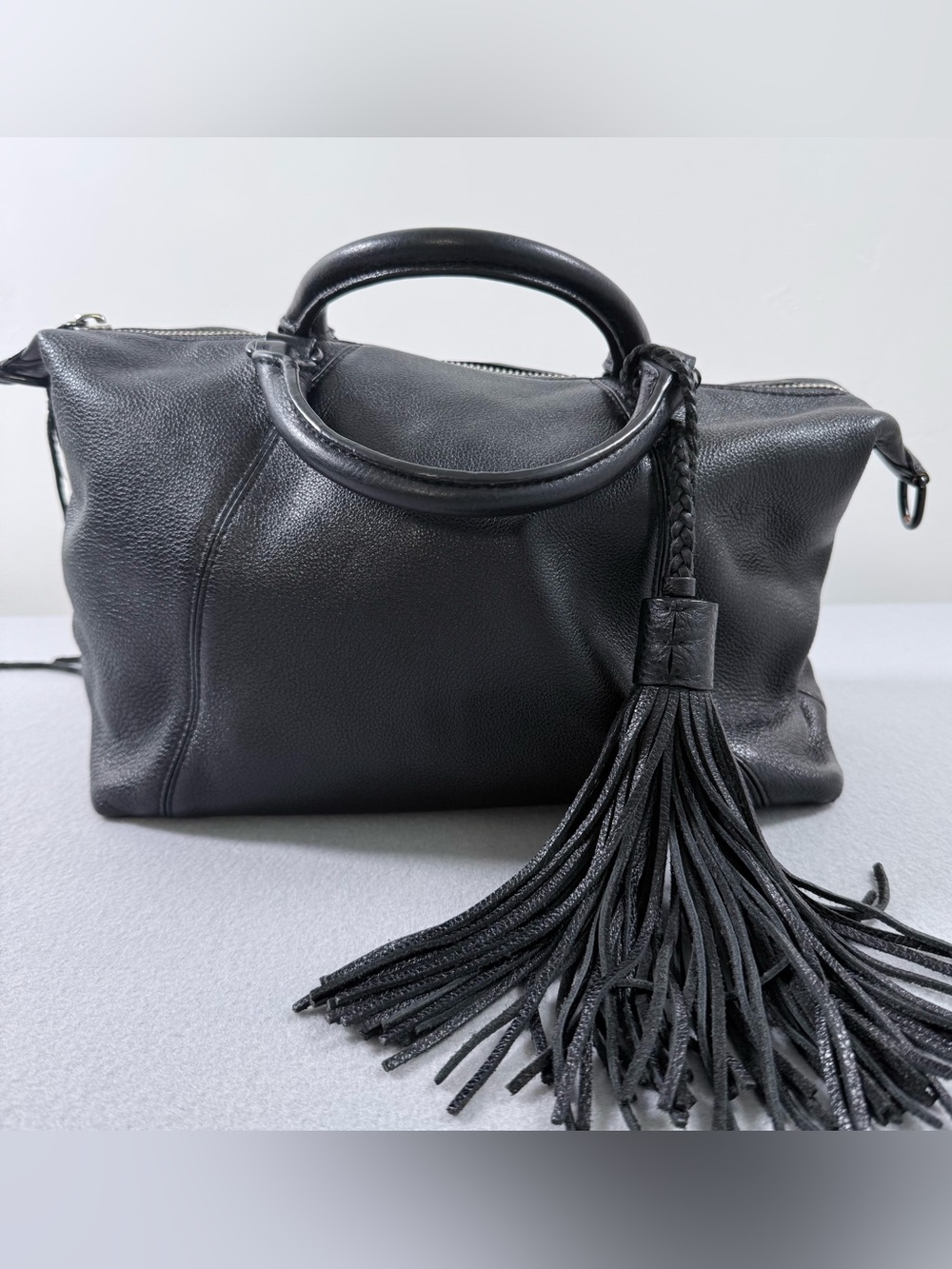 Rebecca Minkoff Regan Satchel Black Pebbled Leather Ring Handle